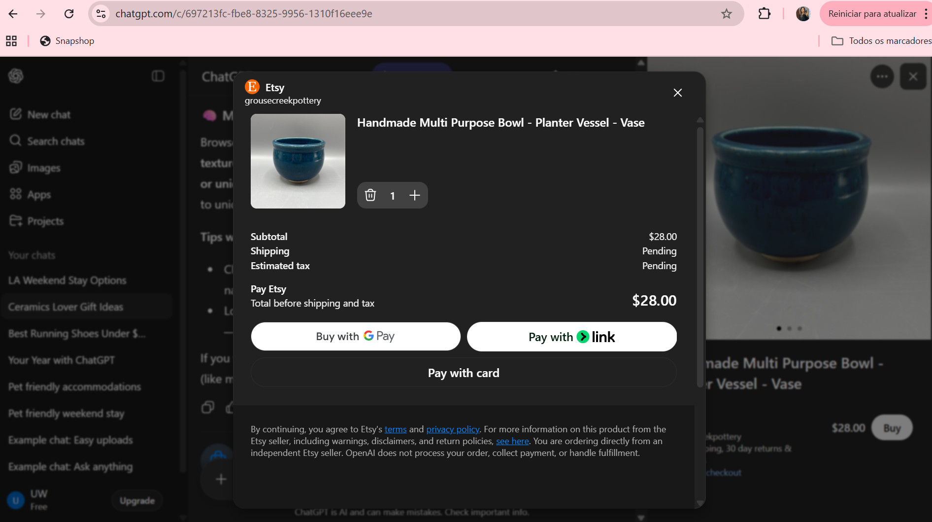 ChatGPT interface displaying a checkout screen for an Etsy purchase, allowing users to buy directly using Google Pay, Link, or credit card without leaving the platform.