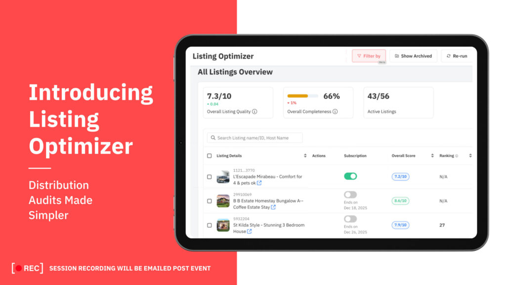 Cómo Optimizar tu Anuncio de Airbnb para Obtener Más Reservas 6 Screenshot of PriceLabs’ Listing Optimizer tool dashboard showing overall listing quality score, completeness, and active listings.