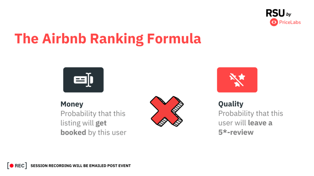 Cómo Optimizar tu Anuncio de Airbnb para Obtener Más Reservas 2 Graphic illustrating Airbnb’s ranking formula, highlighting two key factors: the likelihood a listing gets booked (Money) and the probability a guest leaves a 5-star review (Quality).