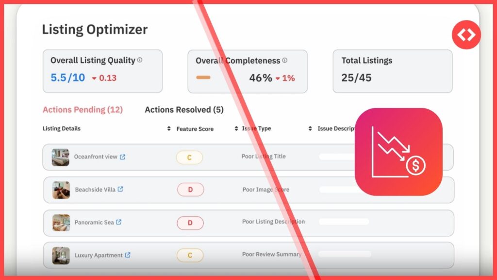 Dashboard view of PriceLabs Listing Optimizer showing Airbnb listing optimization scores for property managers to fix hidden booking issues.