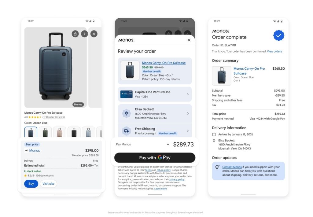 A three-step mobile interface showing the Universal Commerce Protocol (UCP) booking flow for a suitcase, from product discovery to one-tap checkout with Google Pay.