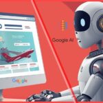 A conceptual illustration of a Google AI robot using a computer to book a flight, representing the shift toward agentic commerce and the Universal Commerce Protocol.