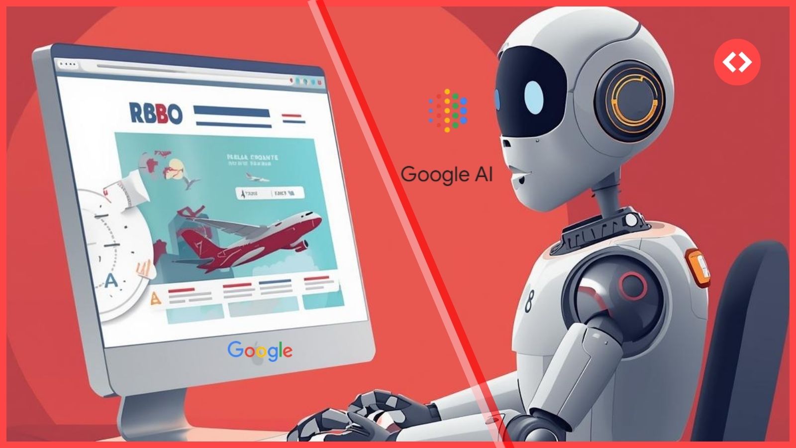 A conceptual illustration of a Google AI robot using a computer to book a flight, representing the shift toward agentic commerce and the Universal Commerce Protocol.