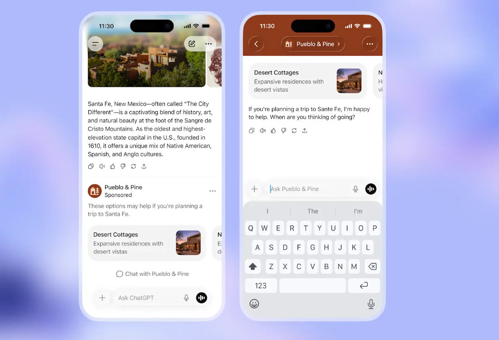 Mobile interface showing a ChatGPT conversation about Santa Fe with a sponsored listing from "Pueblo & Pine" featuring Desert Cottages and an option to chat directly with the brand.