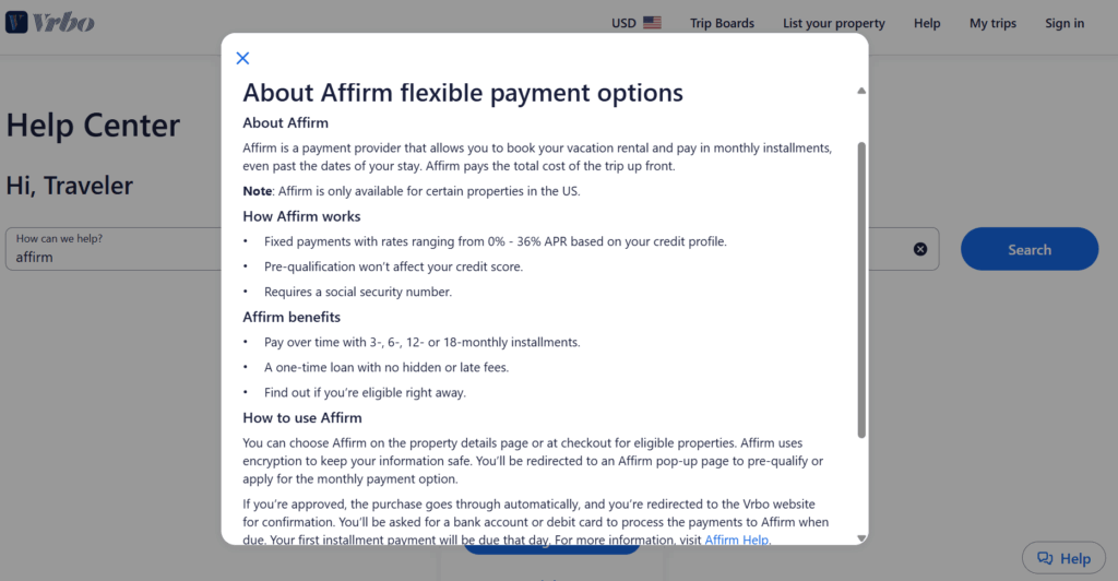 Vrbo Help Center page explaining Affirm payment options