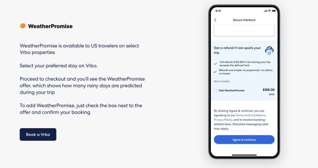 Vrbo WeatherPromise checkout screen showing optional weather guarantee add-on offering refund if rainfall exceeds defined limits
