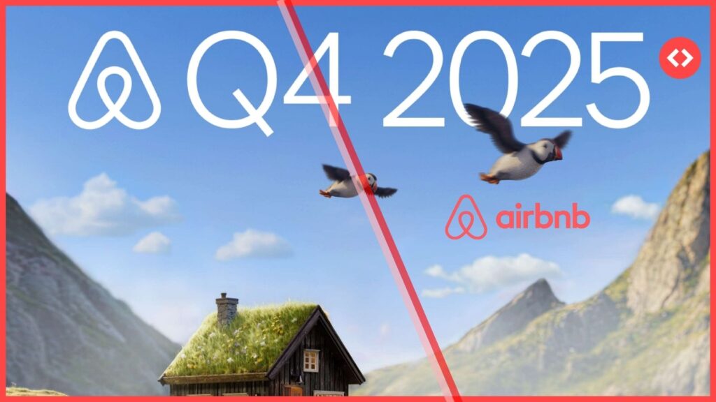 Airbnb Q4 2025 financial results banner featuring a mountain landscape and a rustic grass-roof cabin.