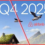 Airbnb Q4 2025 financial results banner featuring a mountain landscape and a rustic grass-roof cabin.