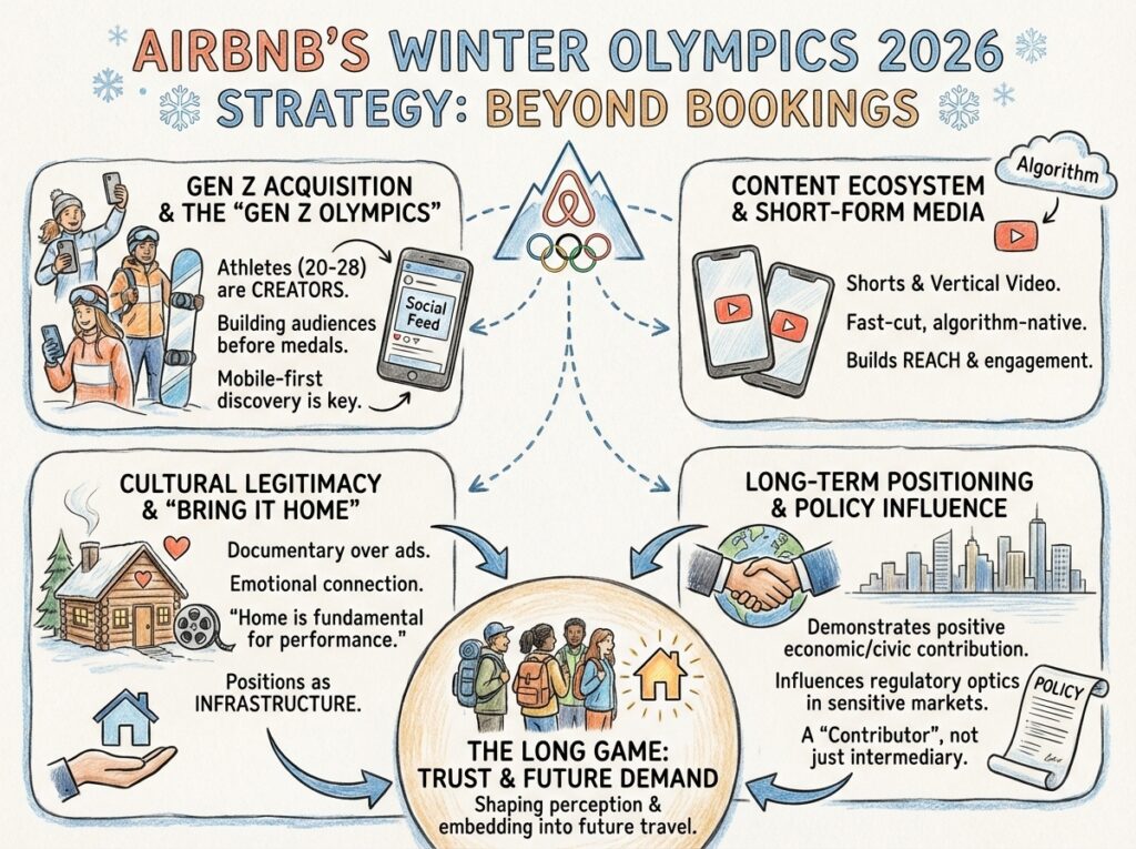 Infographic showing Airbnb’s Winter Olympics 2026 strategy, highlighting Gen Z acquisition, short-form content, cultural legitimacy through “Bring It Home,” and long-term policy positioning beyond bookings.