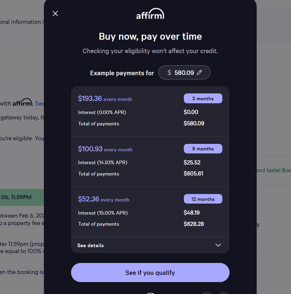Affirm pop-up showing different monthly installment plans for a $580 Vrbo booking