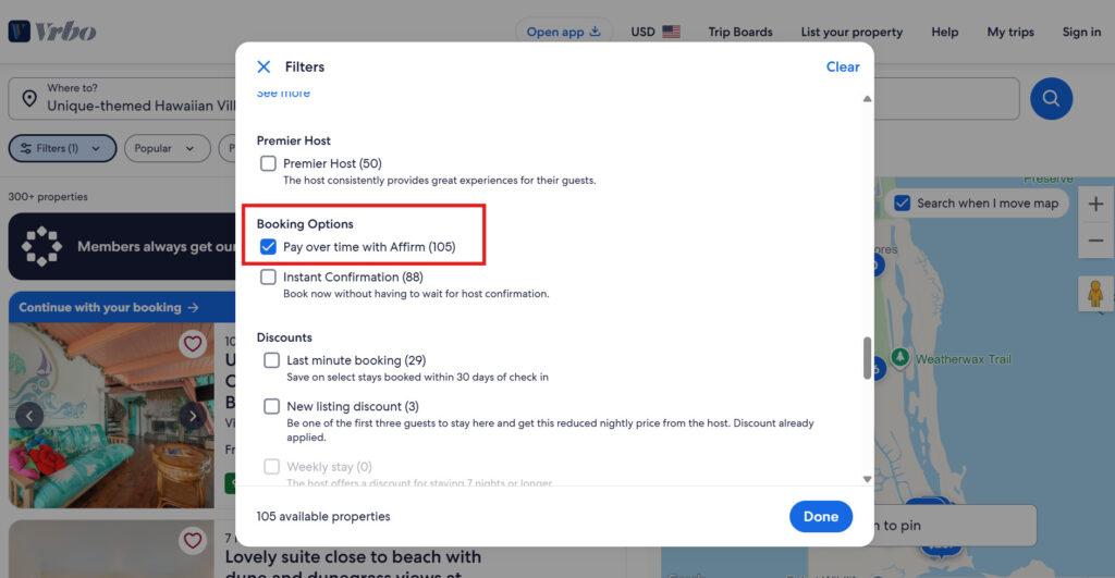 Vrbo search filter highlighting “Pay over time with Affirm” booking option