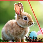 A stylized Easter 2026 banner featuring a fluffy rabbit next to a nest of pastel eggs and spring daisies, divided by a modern red geometric accent and the Rental Scale-Up logo.