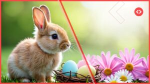 Home 27 A stylized Easter 2026 banner featuring a fluffy rabbit next to a nest of pastel eggs and spring daisies, divided by a modern red geometric accent and the Rental Scale-Up logo.