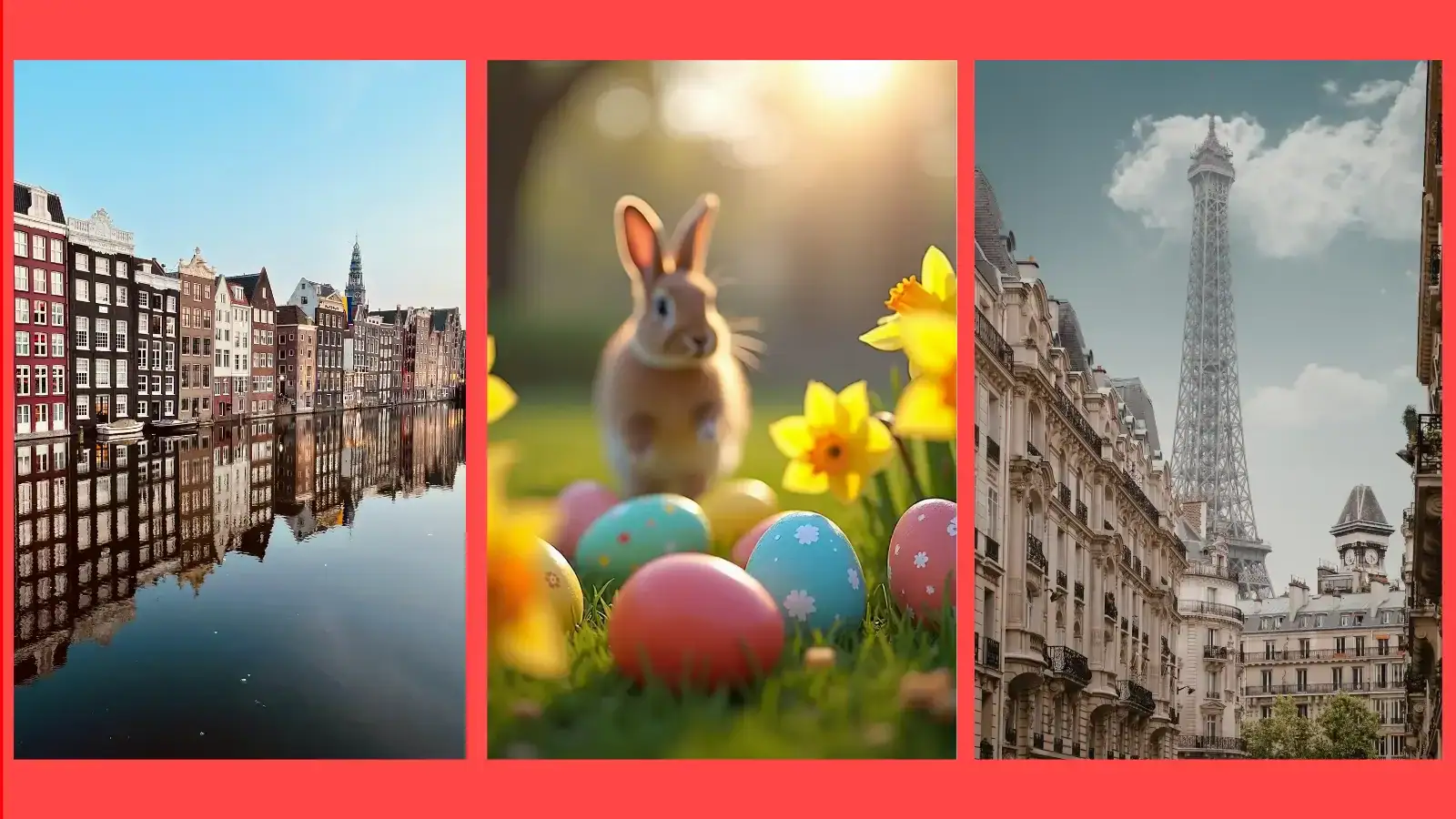 Easter 2026 travel demand: A three-panel triptych featuring Amsterdam’s canal houses, an Easter bunny with colorful eggs in a garden, and the Eiffel Tower in Paris, framed by a red background.