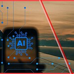 A traveler holds a smartphone against an airplane window looking out over a sunset, with a digital blue circuit board pattern and a red PriceLabs icon overlaid on the image. This visual represents the intersection of artificial intelligence, digital technology, and the modern short-term rental booking journey.