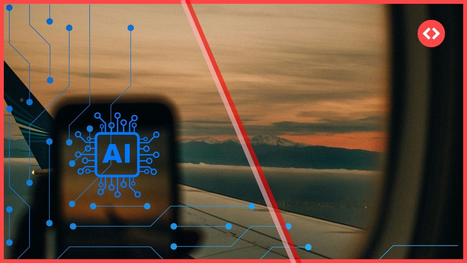 A traveler holds a smartphone against an airplane window looking out over a sunset, with a digital blue circuit board pattern and a red PriceLabs icon overlaid on the image. This visual represents the intersection of artificial intelligence, digital technology, and the modern short-term rental booking journey.
