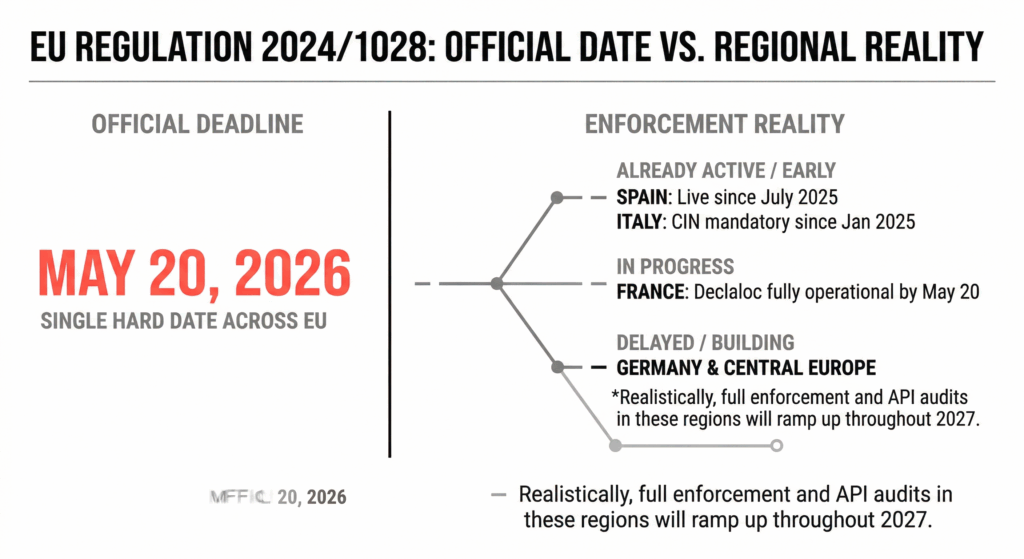 The May 20 EU Data Deadline: How Property Managers Can Prevent Mass OTA Delistings 1 Visualization contrasting the official May 20, 2026, EU Regulation 2024/1028 deadline with actual enforcement timelines in Spain, Italy, France, and Central Europe.