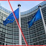 Three European Union flags flying in front of an EU building with a prominent red diagonal strike-through, symbolizing the strict enforcement and potential property delistings under EU Regulation 2024/1028.