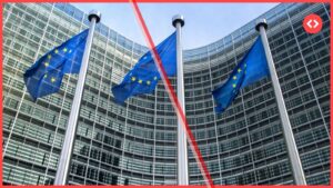 Home 1 Three European Union flags flying in front of an EU building with a prominent red diagonal strike-through, symbolizing the strict enforcement and potential property delistings under EU Regulation 2024/1028.