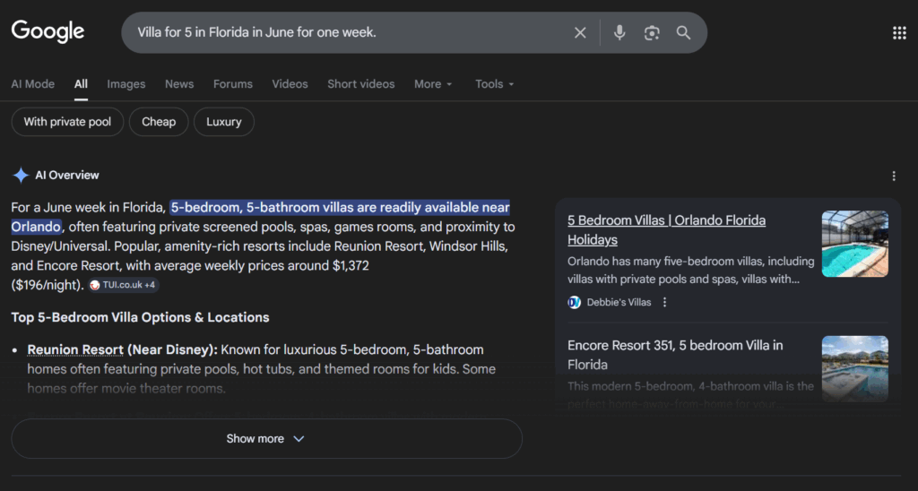 A screenshot of a Google search for a Florida villa showing the new AI Overview feature, demonstrating how AI vacation rental search synthesizes property recommendations, prices, and amenities above traditional links.