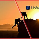 Banner for Vrbo Q4 2025 performance analysis featuring a silhouette of mountain climbers and the Vrbo logo, illustrating the platform's strategic climb toward reliability.