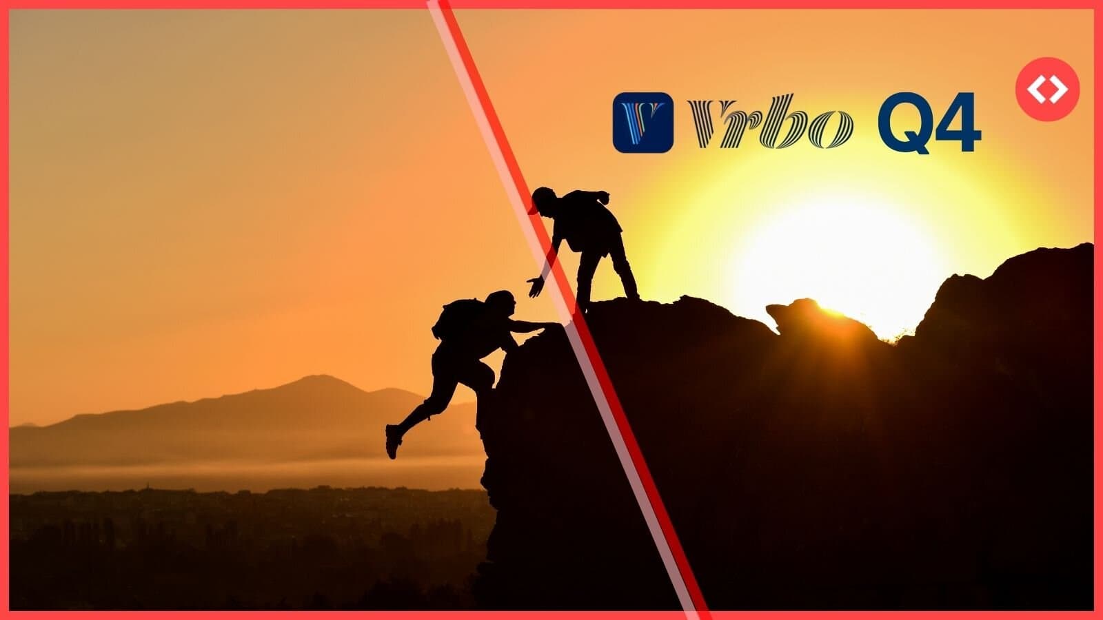 Banner for Vrbo Q4 2025 performance analysis featuring a silhouette of mountain climbers and the Vrbo logo, illustrating the platform's strategic climb toward reliability.