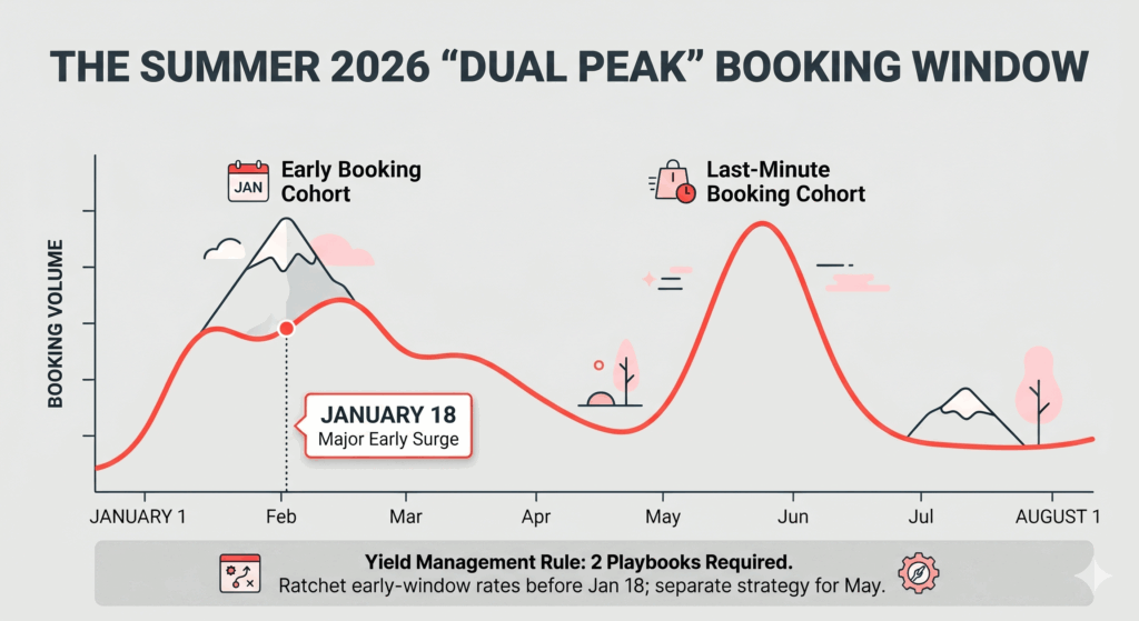 Graph showing the dual peak booking windows for OTA vacation rentals in 2026, highlighting the January 18 early booking surge.