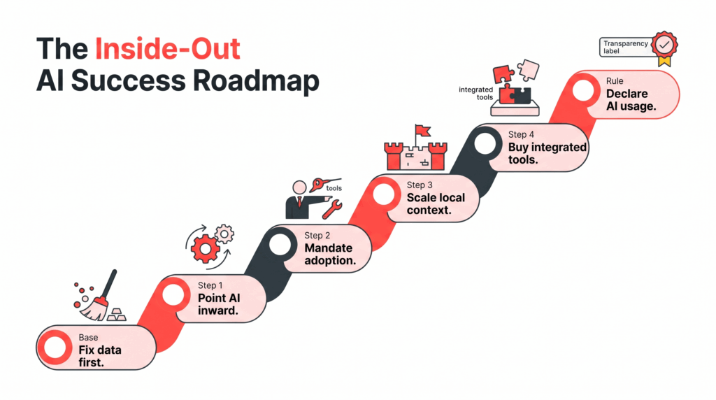 A 5-step roadmap infographic for implementing AI for vacation rentals, starting with data hygiene and ending with integrated tools.