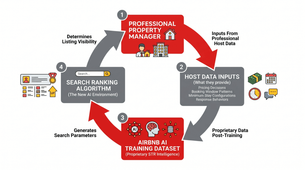 A four-step circular flowchart illustrating how professional host data inputs feed into the new Airbnb AI strategy, which then drives the search ranking algorithm.