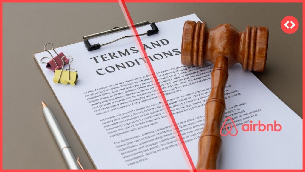 A conceptual photo illustrating the April 2026 Airbnb terms of service update for property managers, featuring a legal gavel, a document titled 'TERMS AND CONDITIONS', and the Airbnb logo.