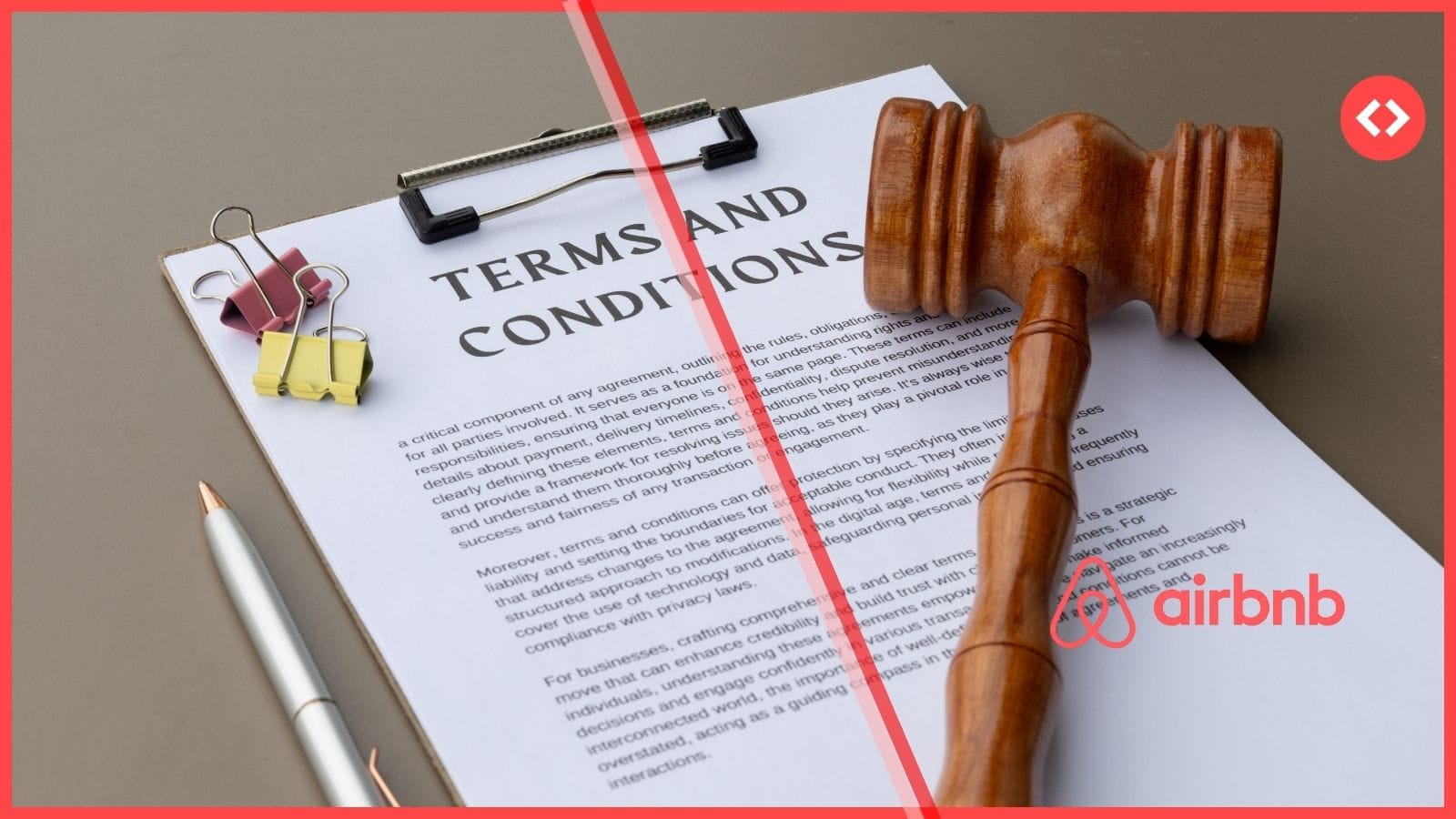 A conceptual photo illustrating the April 2026 Airbnb terms of service update for property managers, featuring a legal gavel, a document titled 'TERMS AND CONDITIONS', and the Airbnb logo.
