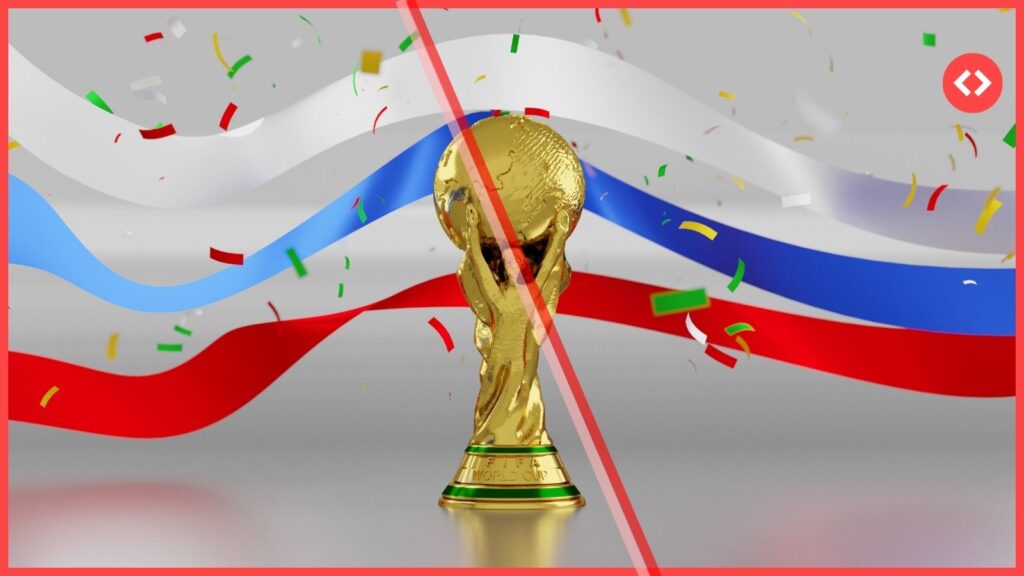World Cup trophy and Russian flag crossed out by a large red ban symbol, illustrating fifa world cup 2026 travel barriers.