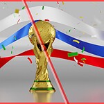 World Cup trophy and Russian flag crossed out by a large red ban symbol, illustrating fifa world cup 2026 travel barriers.