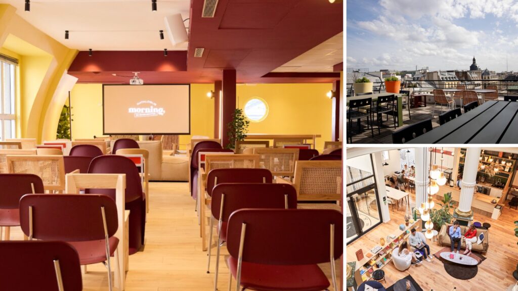 The Morning Bourse venue in Paris hosting Scale Exit Door 2026, showing the conference room with screen, the rooftop terrace with Paris skyline views, and the ground-floor atrium networking space