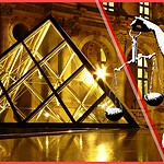 The Louvre Pyramid at night overlaid with a graphic of Lady Justice holding scales and crossed by a red line, symbolizing the legal crackdown under new Paris Airbnb regulations as part of France Airbnb regulations news.