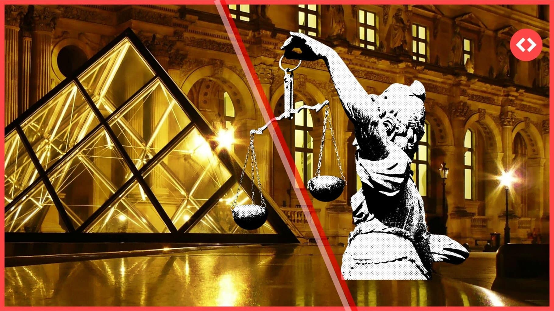 The Louvre Pyramid at night overlaid with a graphic of Lady Justice holding scales and crossed by a red line, symbolizing the legal crackdown under new Paris Airbnb regulations as part of France Airbnb regulations news.