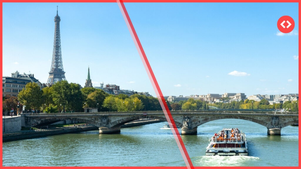 A view of the Eiffel Tower and a tourist boat on the River Seine crossed out by a red diagonal line, representing strict Paris Airbnb regulations.