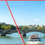A view of the Eiffel Tower and a tourist boat on the River Seine crossed out by a red diagonal line, representing strict Paris Airbnb regulations.