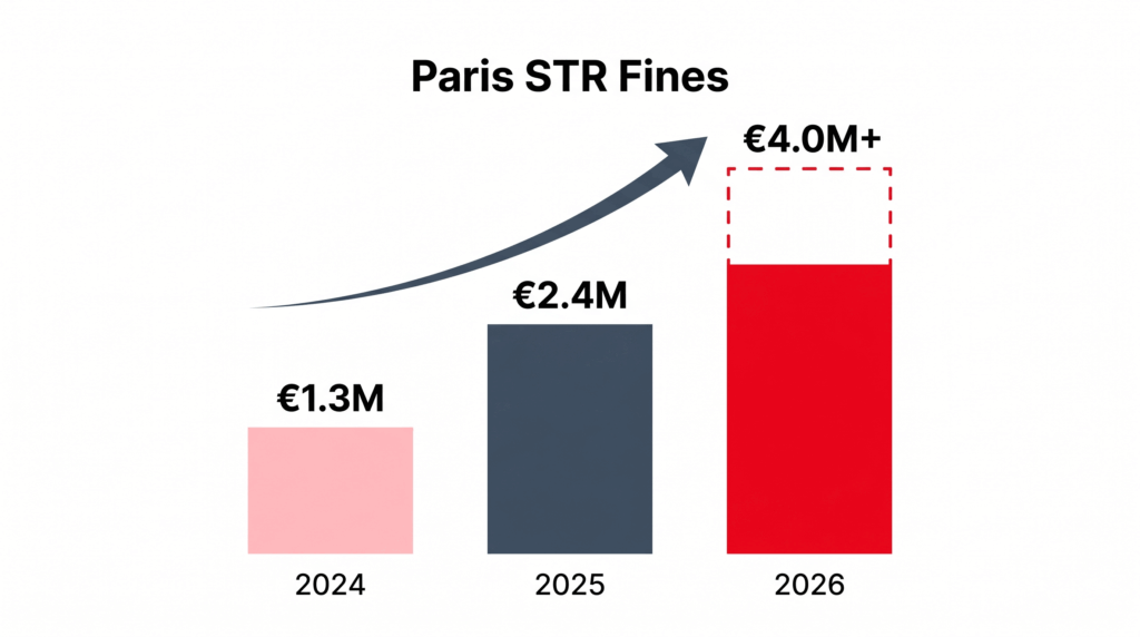 Bar chart illustrating the sharp increase in Paris short-term rental fines from €1.3M in 2024 to a projected €4.0M+ in 2026, reflecting the latest France Airbnb regulations news.