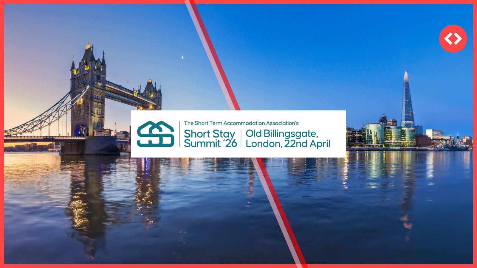 London skyline at twilight featuring the STAA Short Stay Summit '26 banner, a key event for learning short term rental pricing strategy 2026.
