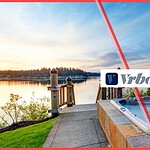 A split-screen graphic for a Vrbo commercial analysis featuring a luxury hot tub overlooking a lake, the Vrbo logo, and a red strike-through line symbolizing the pulled 'Teenagers' advertisement.