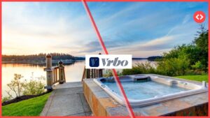 Home 1 A split-screen graphic for a Vrbo commercial analysis featuring a luxury hot tub overlooking a lake, the Vrbo logo, and a red strike-through line symbolizing the pulled 'Teenagers' advertisement.