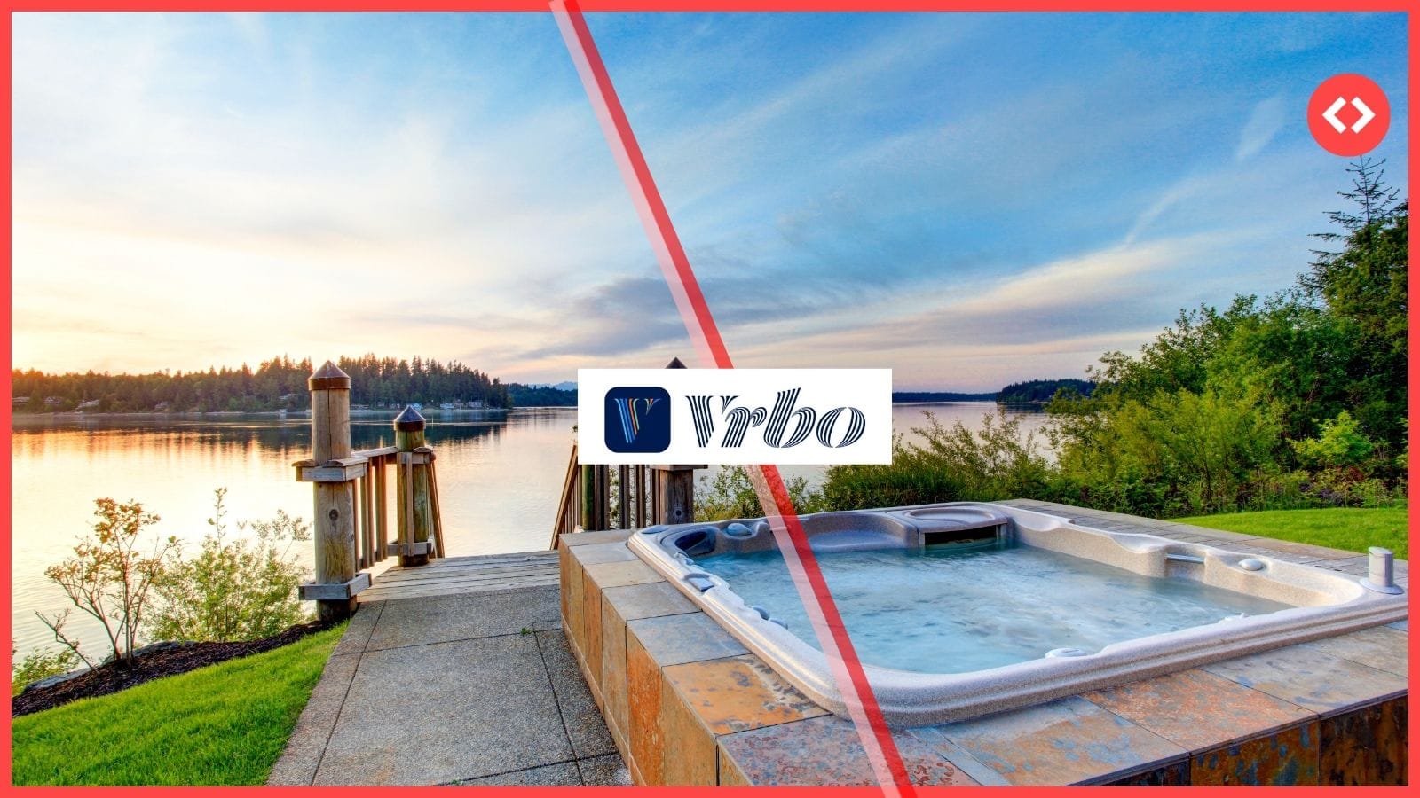 A split-screen graphic for a Vrbo commercial analysis featuring a luxury hot tub overlooking a lake, the Vrbo logo, and a red strike-through line symbolizing the pulled 'Teenagers' advertisement.