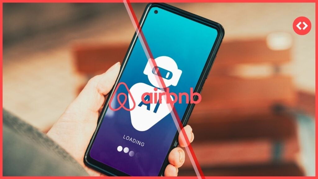 Person holding a smartphone displaying an AI loading screen and the Airbnb logo, illustrating the new Airbnb AI strategy.