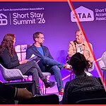 Two vacation rental industry CEOs discussing AI for vacation rentals on stage at The Short Stay Summit 2026.