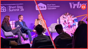 Two vacation rental industry CEOs discussing AI for vacation rentals on stage at The Short Stay Summit 2026.