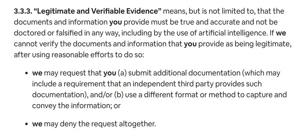 Screenshot of the new Airbnb terms of service update for Host Damage Protection, highlighting the ban on AI-generated evidence for AirCover claims