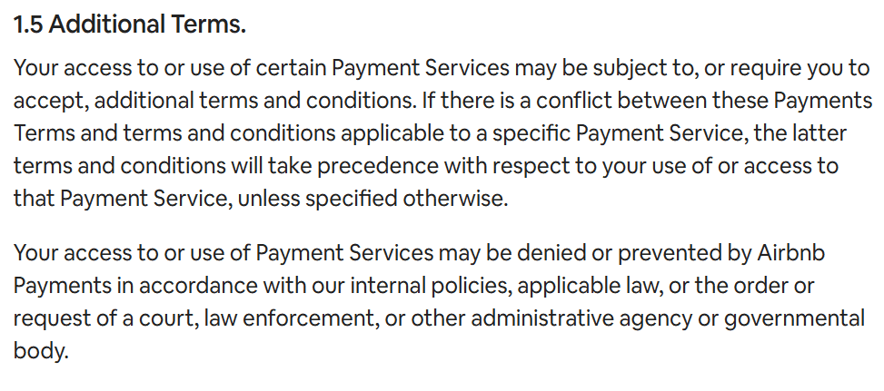 Screenshot of the Airbnb terms of service update for Payment Terms, highlighting section 1.5 which gives the platform discretion to deny or prevent host payouts.