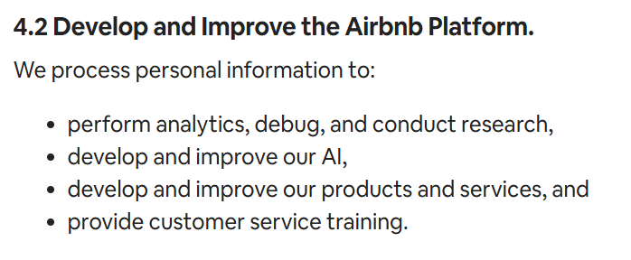 Screenshot of Airbnb privacy policy section 4.2 stating personal information is processed to develop and improve AI, confirming the new Airbnb AI strategy.