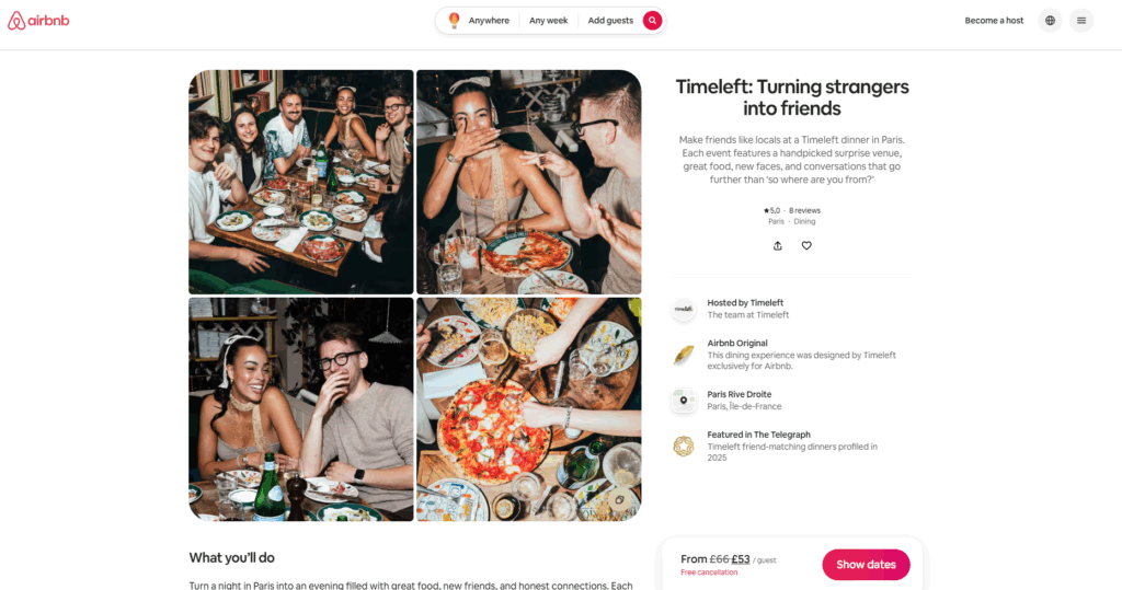 Airbnb Original experience by Timeleft in Paris, showing groups of travelers and locals sharing dinner at a surprise venue as part of Airbnb's lifestyle platform expansion